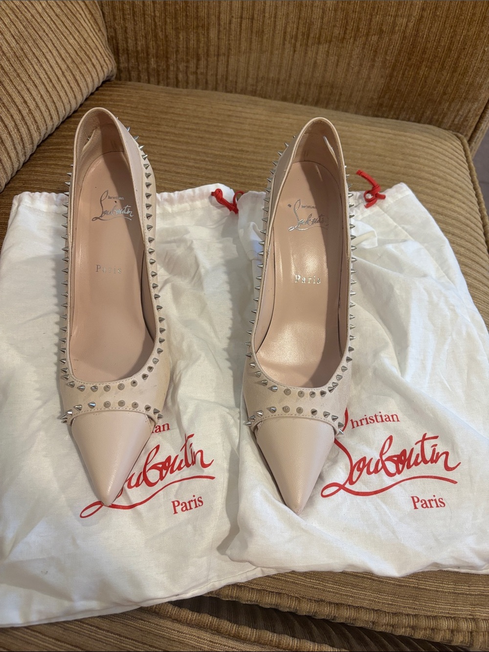 Christian Louboutin Blush Pink Studded Pointed-Toe Pumps